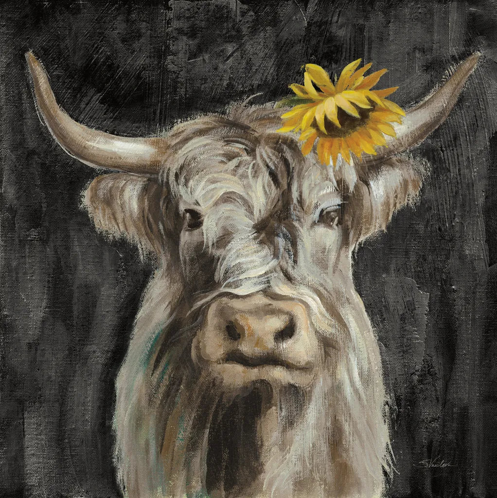 Floral Highland Cow by Silvia Vassileva. SKU 80748a. Archival Giclee Fine art print for wall decor.