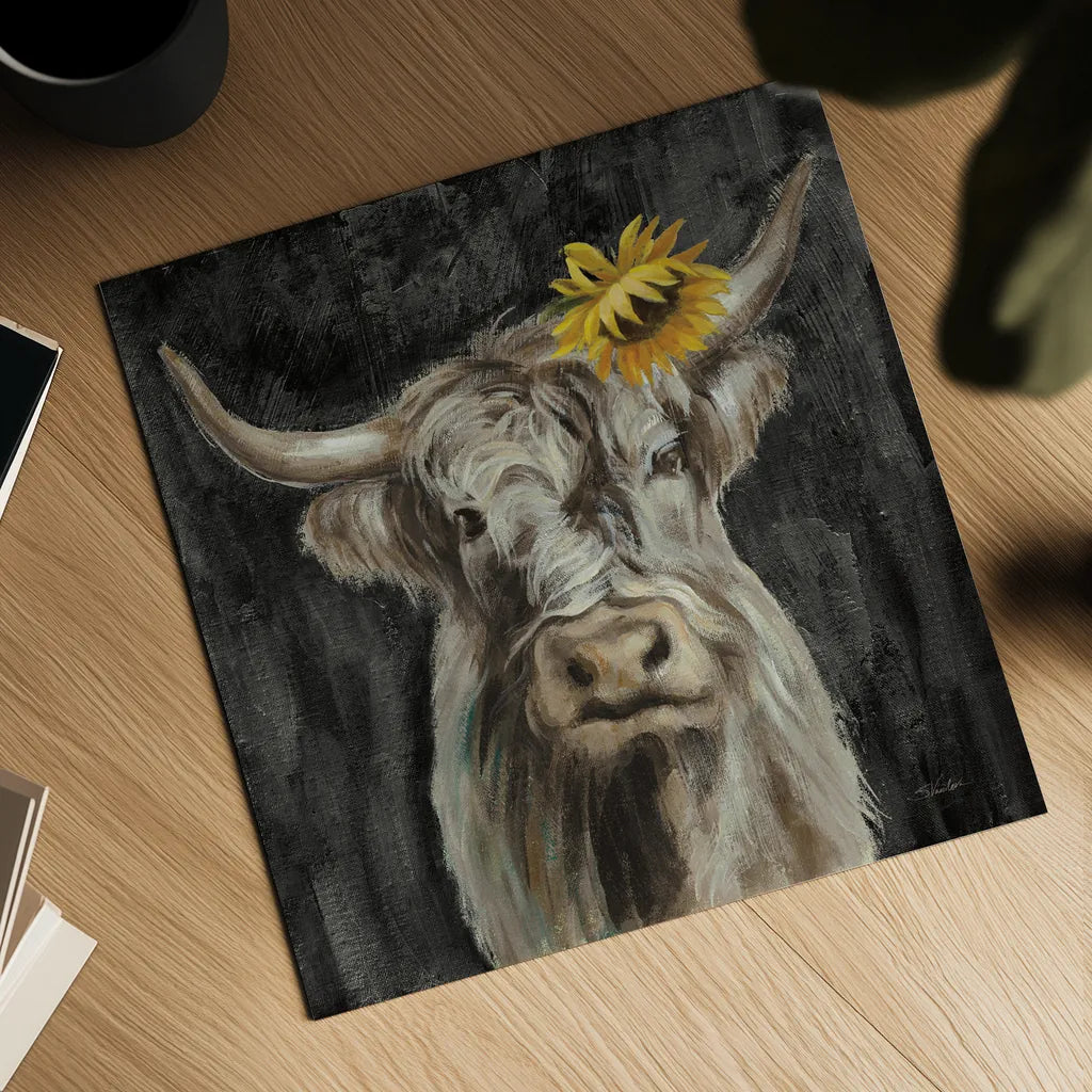 Floral Highland Cow by Silvia Vassileva. Shown as a detailed flat fine art print, highlighting archival giclee quality. Available as an archival giclee rolled canvas, fine art paper, or poster print. SKU 80748a.