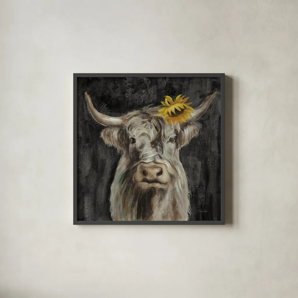 Floral Highland Cow by Silvia Vassileva. Shown in a sleek black glass frame for a contemporary gallery look. Available as an archival giclee rolled canvas, fine art paper, or poster print. SKU 80748a.