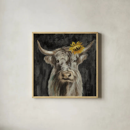 Floral Highland Cow by Silvia Vassileva. Shown in a natural wood glass frame for a timeless modern aesthetic. Available as an archival giclee rolled canvas, fine art paper, or poster print. SKU 80748a.