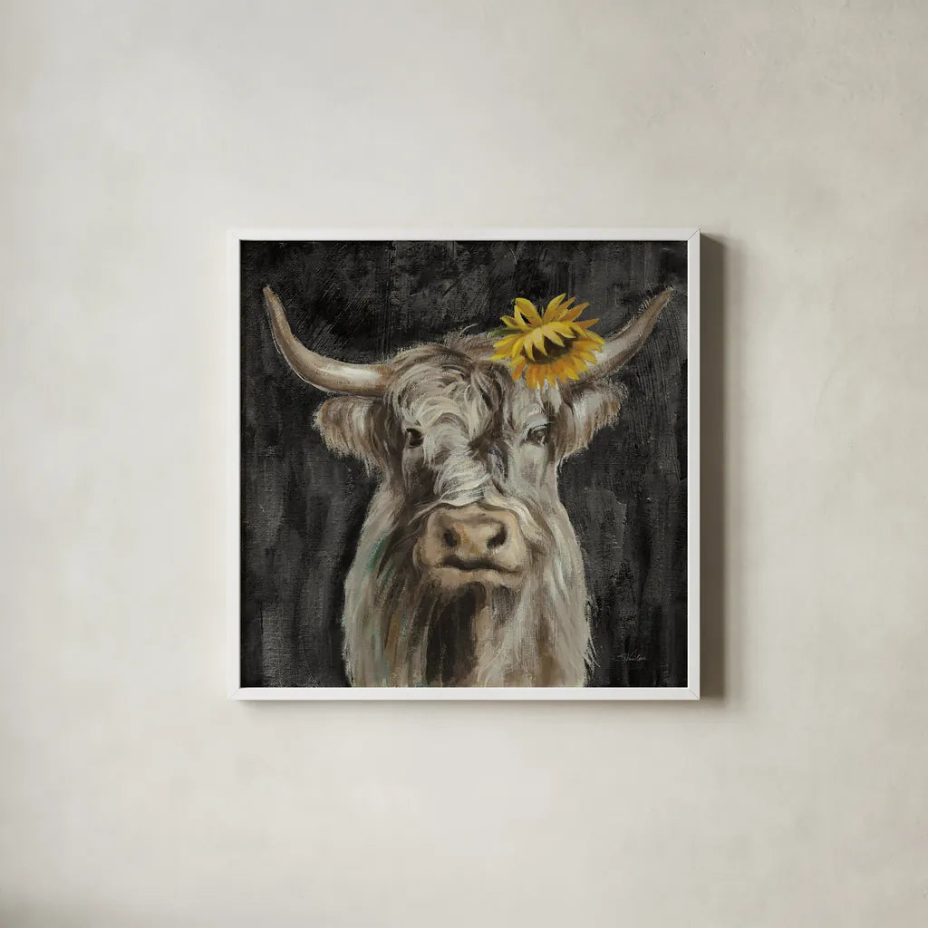 Floral Highland Cow by Silvia Vassileva. Shown in a crisp white glass frame for a clean and minimalist style. Available as an archival giclee rolled canvas, fine art paper, or poster print. SKU 80748a.
