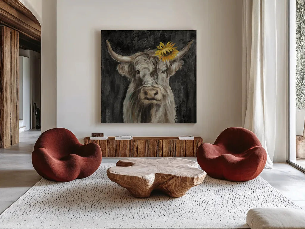 Floral Highland Cow by Silvia Vassileva. Shown as extra-large giant wall art in a modern living room. Available as an archival giclee rolled canvas, fine art paper, or poster print. SKU 80748a.