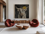 Floral Highland Cow by Silvia Vassileva. Shown as extra-large giant wall art in a modern living room. Available as an archival giclee rolled canvas, fine art paper, or poster print. SKU 80748a.