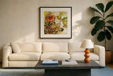 Floral Joy by Silvia Vassileva. Displayed in a glass frame with matte in a clean modern living room. Available as an archival giclee rolled canvas, fine art paper, or poster print. SKU 28655a.