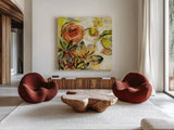 Floral Joy by Silvia Vassileva. Shown as extra-large giant wall art in a modern living room. Available as an archival giclee rolled canvas, fine art paper, or poster print. SKU 28655a.