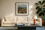 Floral Path by Silvia Vassileva. Displayed in a glass frame with matte in a clean modern living room. Available as an archival giclee rolled canvas, fine art paper, or poster print. SKU 94418a.