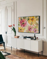 Floral Radiance Crop by Silvia Vassileva. shown as a framed stretched canvas in a living room above a console. Available as a archival giclee rolled canvas, fine art paper, or poster print. SKU 44166i.