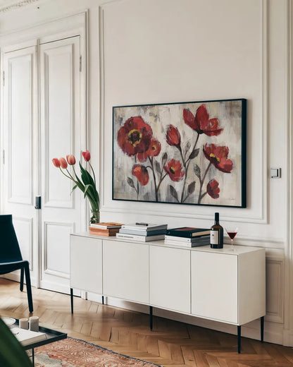 Floral Simplicity by Silvia Vassileva. shown as a framed stretched canvas in a living room above a console. Available as a archival giclee rolled canvas, fine art paper, or poster print. SKU 21908i.