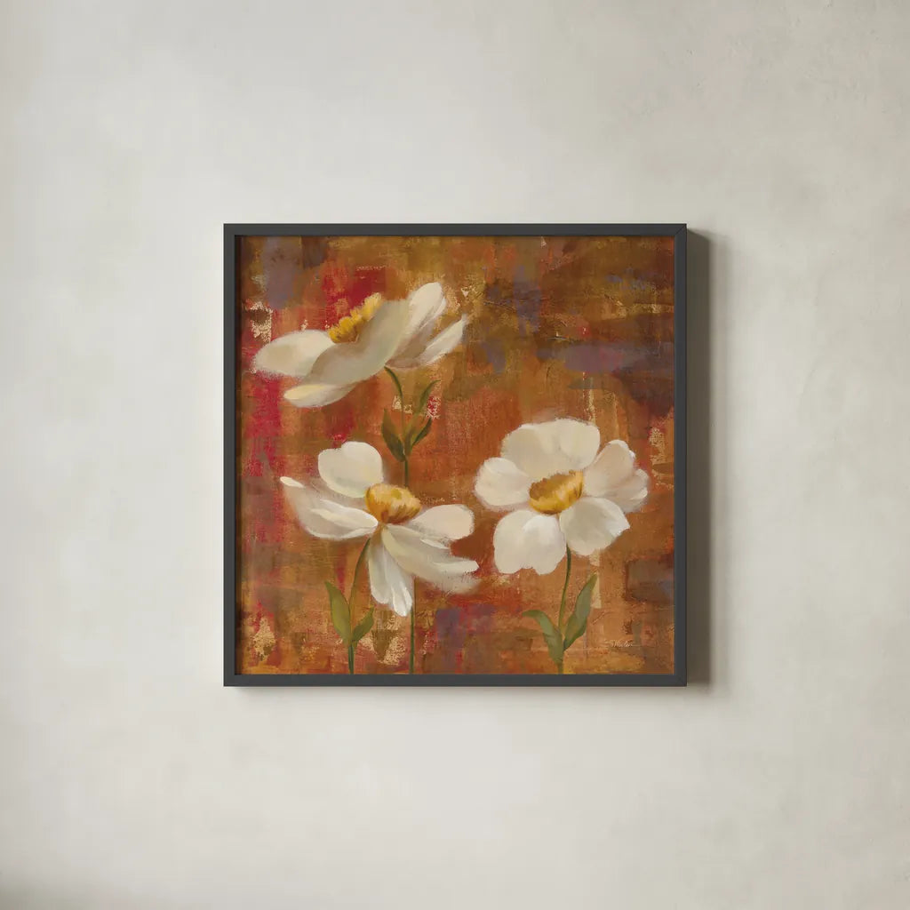 Floral Trio I by Silvia Vassileva. Shown in a sleek black glass frame for a contemporary gallery look. Available as an archival giclee rolled canvas, fine art paper, or poster print. SKU 3746a.