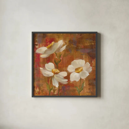 Floral Trio I by Silvia Vassileva. Shown in a sleek black glass frame for a contemporary gallery look. Available as an archival giclee rolled canvas, fine art paper, or poster print. SKU 3746a.