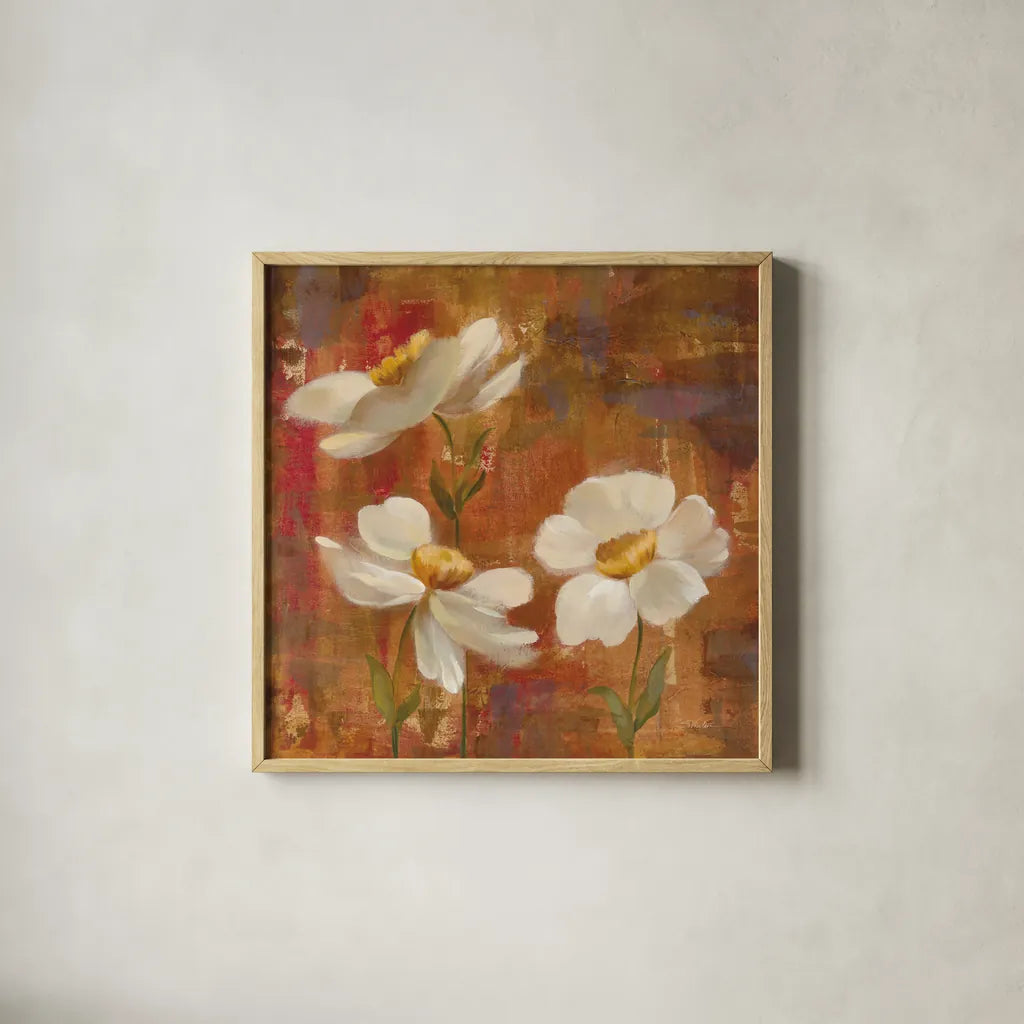 Floral Trio I by Silvia Vassileva. Shown in a natural wood glass frame for a timeless modern aesthetic. Available as an archival giclee rolled canvas, fine art paper, or poster print. SKU 3746a.