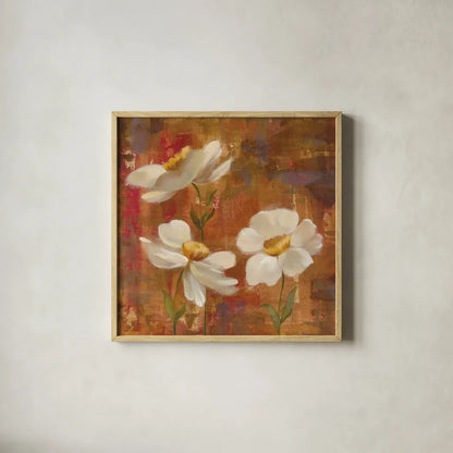 Floral Trio I by Silvia Vassileva. Shown in a natural wood glass frame for a timeless modern aesthetic. Available as an archival giclee rolled canvas, fine art paper, or poster print. SKU 3746a.