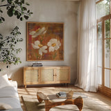 Floral Trio I by Silvia Vassileva. Shown in a natural wood frame in a cozy modern living room. Available as an archival giclee rolled canvas, fine art paper, or poster print. SKU 3746a.