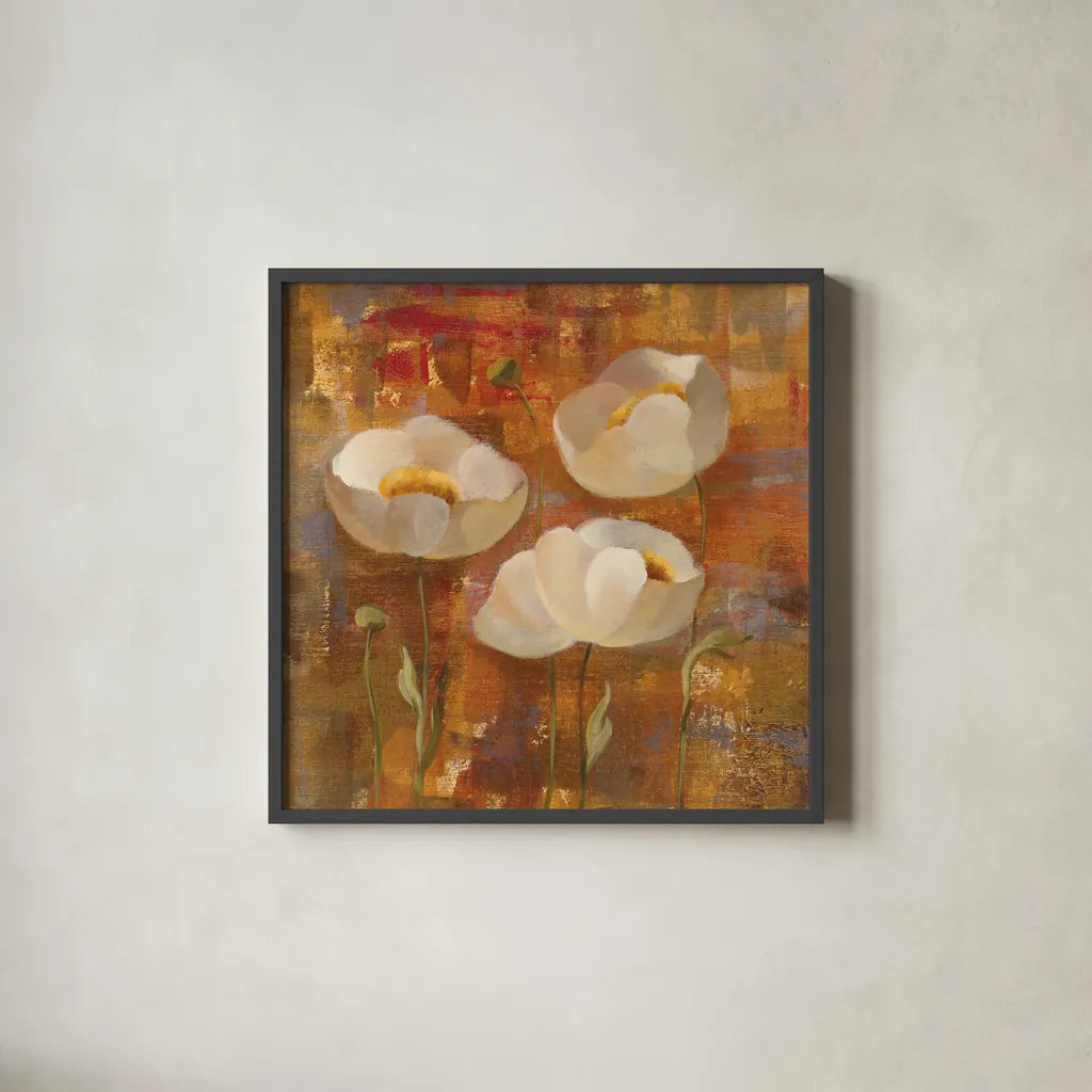 Floral Trio II by Silvia Vassileva. Shown in a sleek black glass frame for a contemporary gallery look. Available as an archival giclee rolled canvas, fine art paper, or poster print. SKU 3747a.