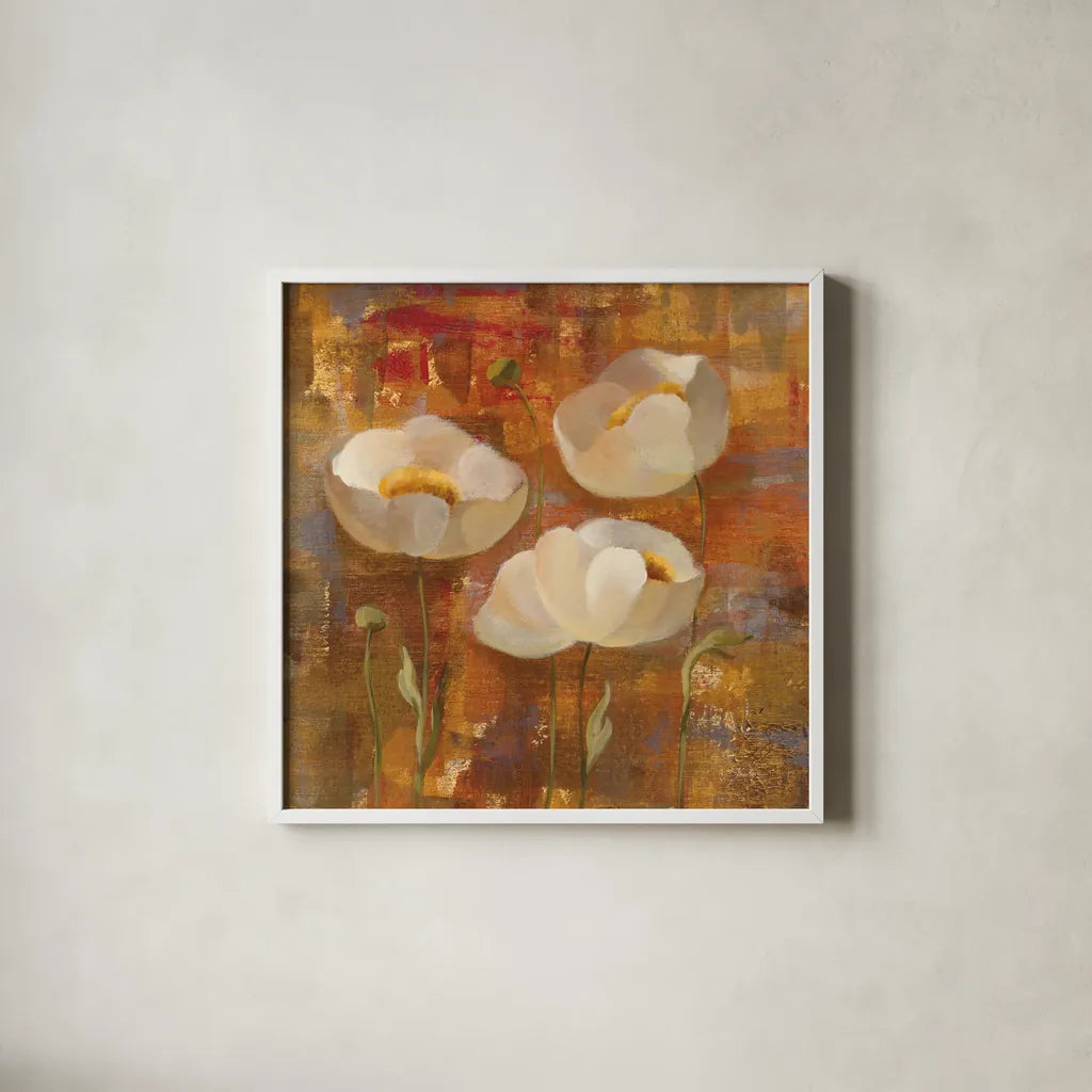 Floral Trio II by Silvia Vassileva. Shown in a crisp white glass frame for a clean and minimalist style. Available as an archival giclee rolled canvas, fine art paper, or poster print. SKU 3747a.