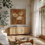 Floral Trio II by Silvia Vassileva. Shown in a natural wood frame in a cozy modern living room. Available as an archival giclee rolled canvas, fine art paper, or poster print. SKU 3747a.