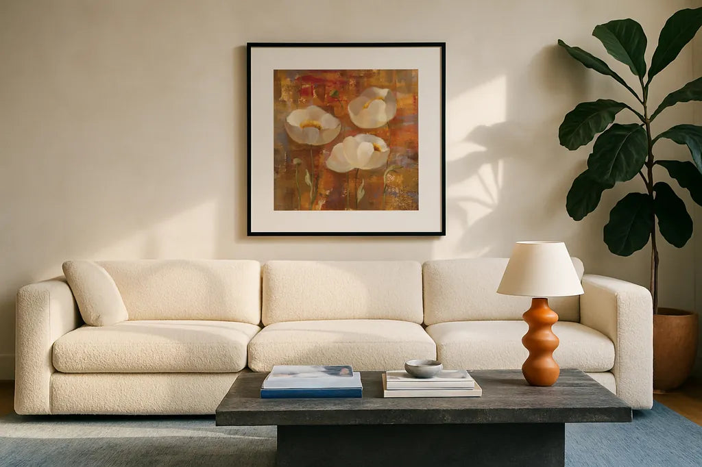Floral Trio II by Silvia Vassileva. Displayed in a glass frame with matte in a clean modern living room. Available as an archival giclee rolled canvas, fine art paper, or poster print. SKU 3747a.