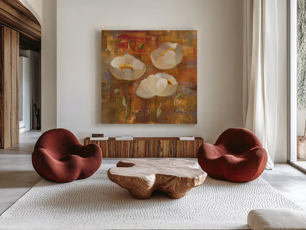 Floral Trio II by Silvia Vassileva. Shown as extra-large giant wall art in a modern living room. Available as an archival giclee rolled canvas, fine art paper, or poster print. SKU 3747a.