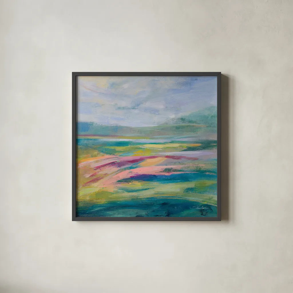 Flower Hill I by Silvia Vassileva. Shown in a sleek black glass frame for a contemporary gallery look. Available as an archival giclee rolled canvas, fine art paper, or poster print. SKU 79161a.