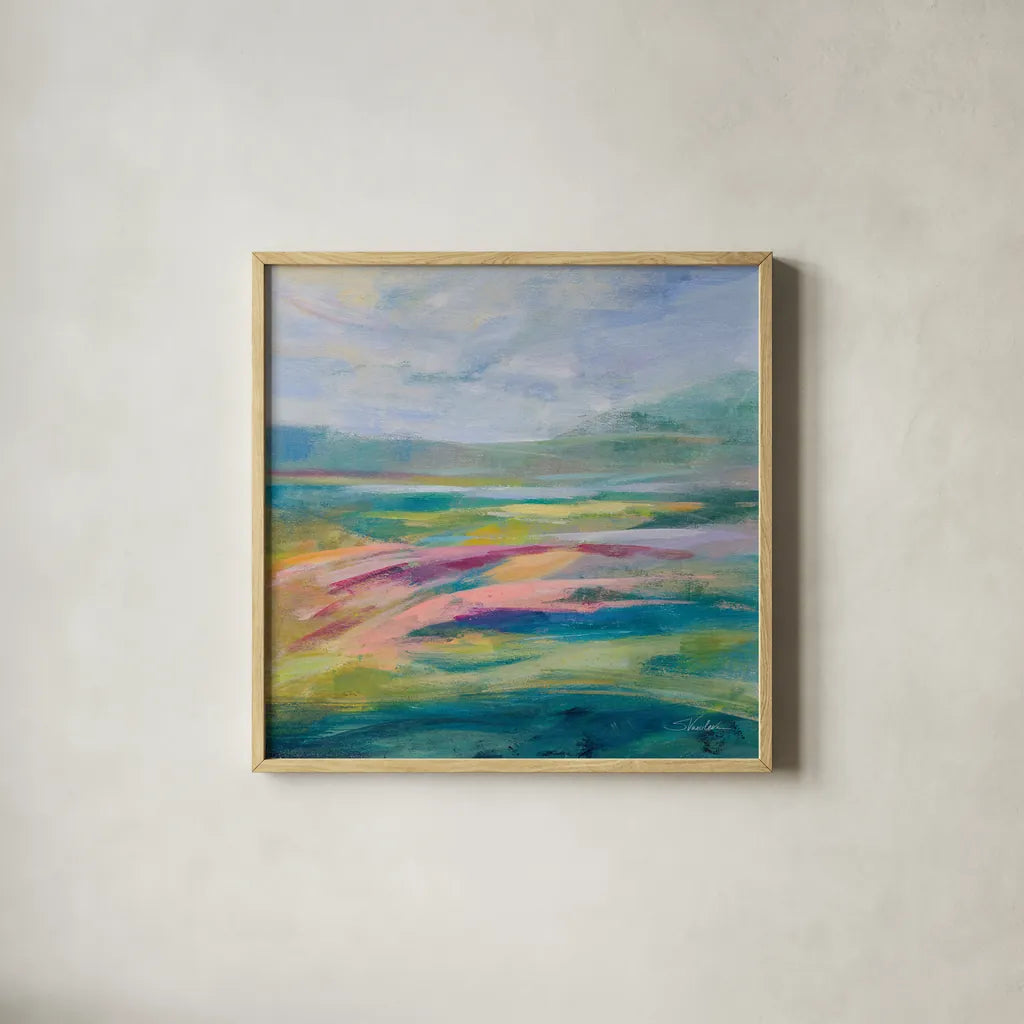 Flower Hill I by Silvia Vassileva. Shown in a natural wood glass frame for a timeless modern aesthetic. Available as an archival giclee rolled canvas, fine art paper, or poster print. SKU 79161a.