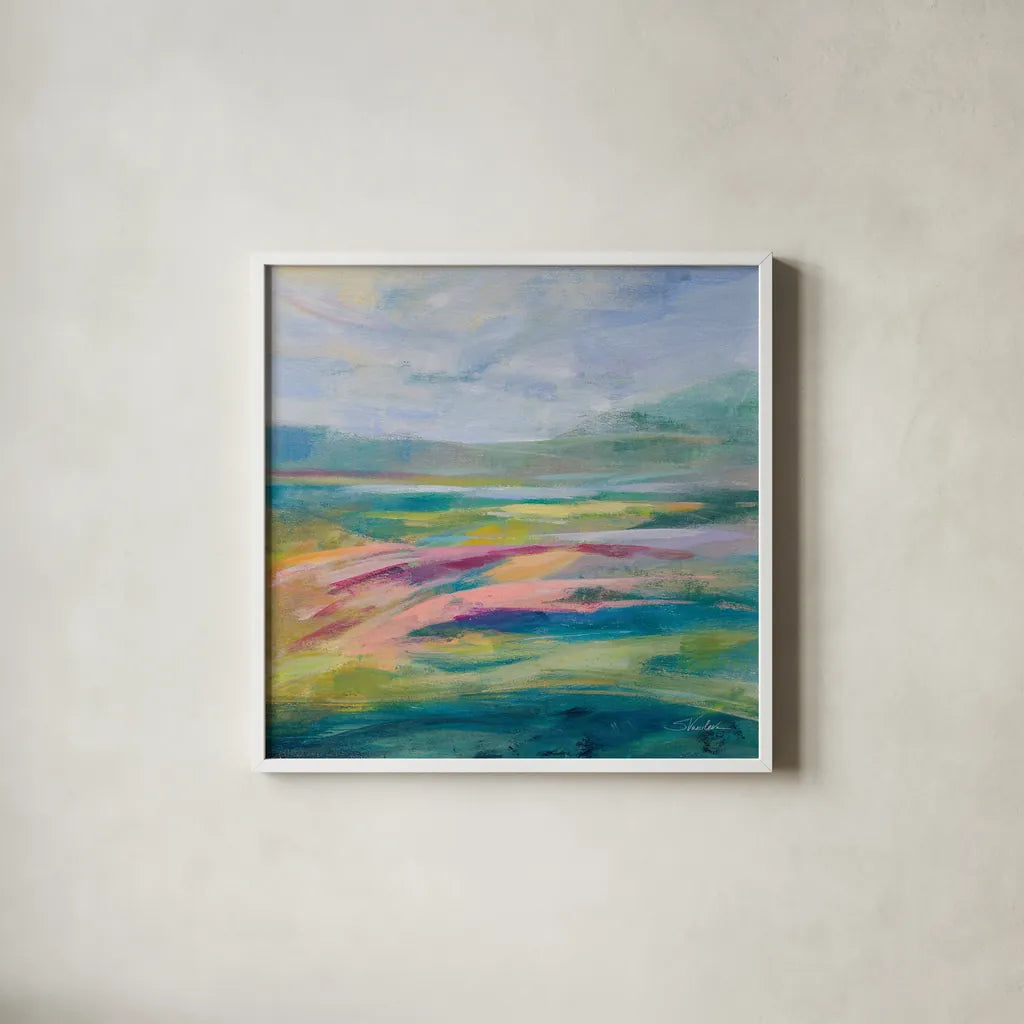 Flower Hill I by Silvia Vassileva. Shown in a crisp white glass frame for a clean and minimalist style. Available as an archival giclee rolled canvas, fine art paper, or poster print. SKU 79161a.
