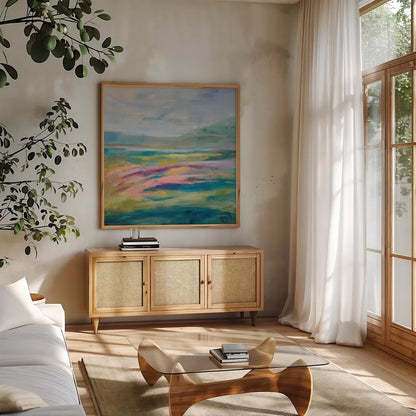 Flower Hill I by Silvia Vassileva. Shown in a natural wood frame in a cozy modern living room. Available as an archival giclee rolled canvas, fine art paper, or poster print. SKU 79161a.