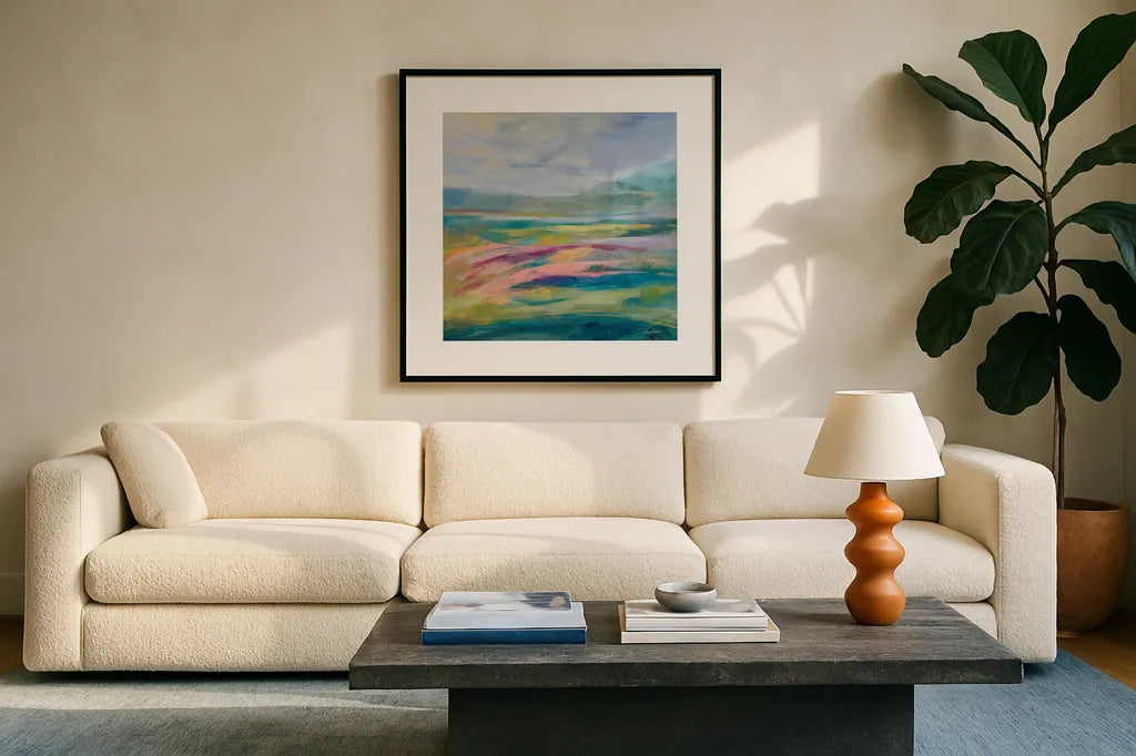 Flower Hill I by Silvia Vassileva. Displayed in a glass frame with matte in a clean modern living room. Available as an archival giclee rolled canvas, fine art paper, or poster print. SKU 79161a.