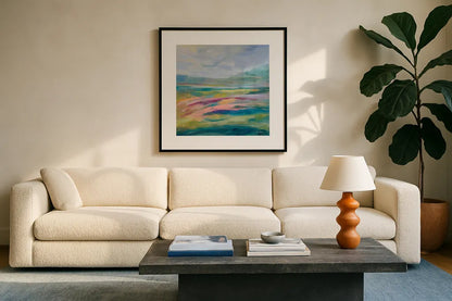 Flower Hill I by Silvia Vassileva. Displayed in a glass frame with matte in a clean modern living room. Available as an archival giclee rolled canvas, fine art paper, or poster print. SKU 79161a.