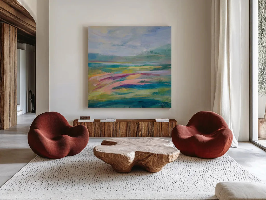 Flower Hill I by Silvia Vassileva. Shown as extra-large giant wall art in a modern living room. Available as an archival giclee rolled canvas, fine art paper, or poster print. SKU 79161a.