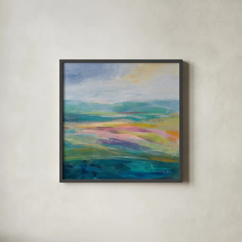 Flower Hill II by Silvia Vassileva. Shown in a sleek black glass frame for a contemporary gallery look. Available as an archival giclee rolled canvas, fine art paper, or poster print. SKU 79162a.