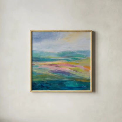 Flower Hill II by Silvia Vassileva. Shown in a natural wood glass frame for a timeless modern aesthetic. Available as an archival giclee rolled canvas, fine art paper, or poster print. SKU 79162a.