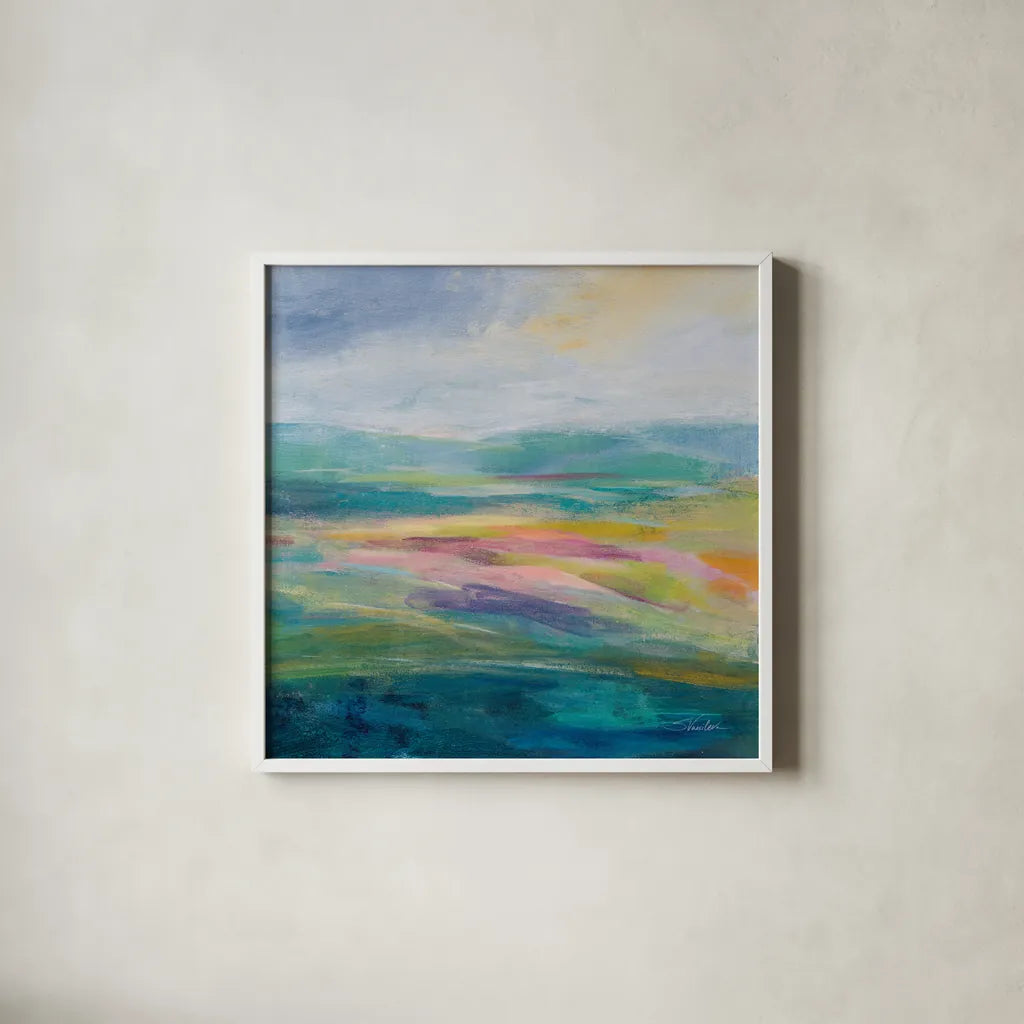 Flower Hill II by Silvia Vassileva. Shown in a crisp white glass frame for a clean and minimalist style. Available as an archival giclee rolled canvas, fine art paper, or poster print. SKU 79162a.