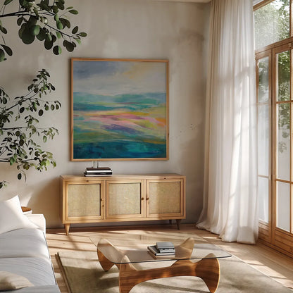 Flower Hill II by Silvia Vassileva. Shown in a natural wood frame in a cozy modern living room. Available as an archival giclee rolled canvas, fine art paper, or poster print. SKU 79162a.