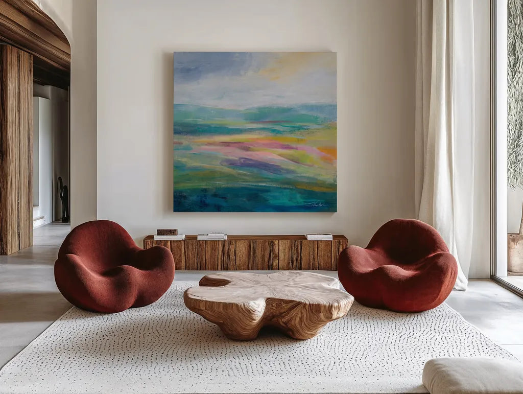 Flower Hill II by Silvia Vassileva. Shown as extra-large giant wall art in a modern living room. Available as an archival giclee rolled canvas, fine art paper, or poster print. SKU 79162a.