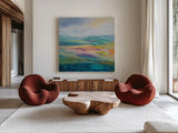 Flower Hill II by Silvia Vassileva. Shown as extra-large giant wall art in a modern living room. Available as an archival giclee rolled canvas, fine art paper, or poster print. SKU 79162a.
