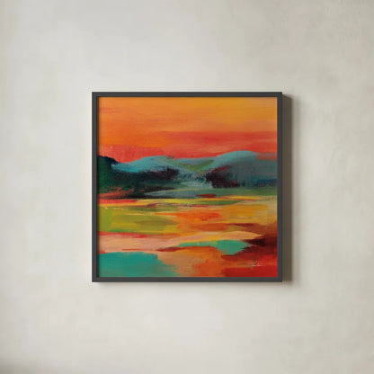 Flower Hill Sunset I by Silvia Vassileva. Shown in a sleek black glass frame for a contemporary gallery look. Available as an archival giclee rolled canvas, fine art paper, or poster print. SKU 79882a.