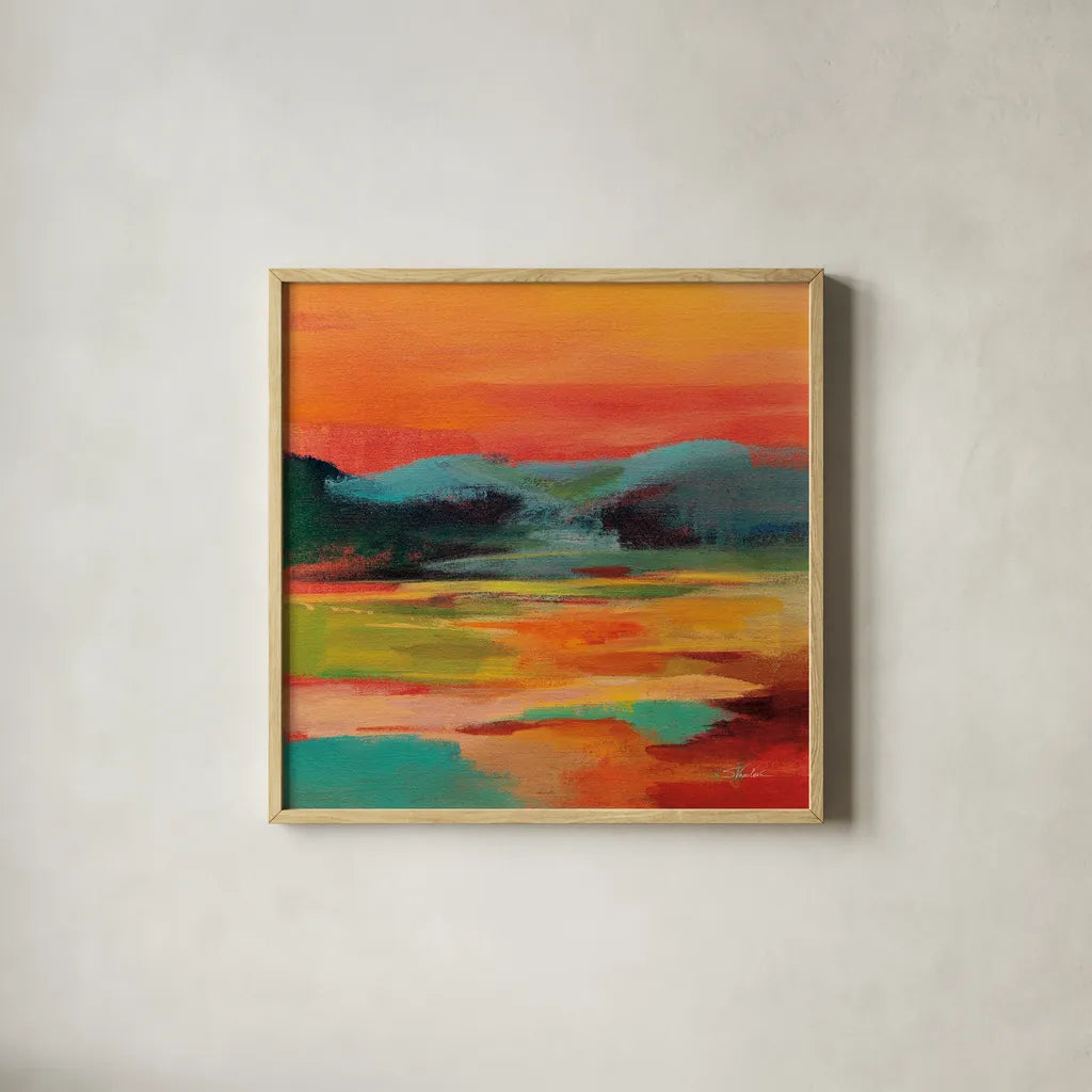 Flower Hill Sunset I by Silvia Vassileva. Shown in a natural wood glass frame for a timeless modern aesthetic. Available as an archival giclee rolled canvas, fine art paper, or poster print. SKU 79882a.