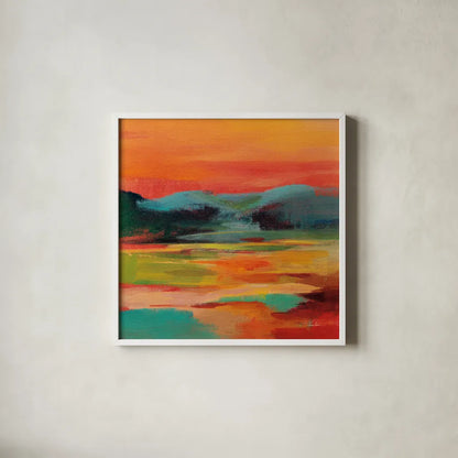 Flower Hill Sunset I by Silvia Vassileva. Shown in a crisp white glass frame for a clean and minimalist style. Available as an archival giclee rolled canvas, fine art paper, or poster print. SKU 79882a.