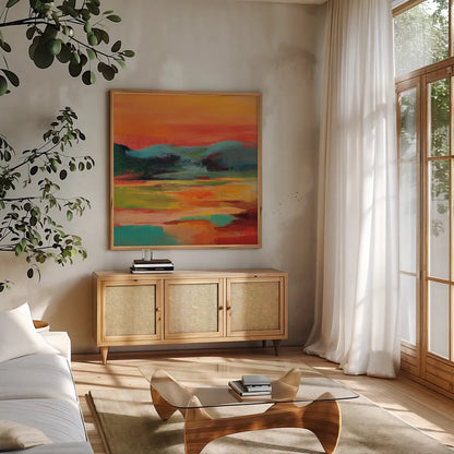 Flower Hill Sunset I by Silvia Vassileva. Shown in a natural wood frame in a cozy modern living room. Available as an archival giclee rolled canvas, fine art paper, or poster print. SKU 79882a.