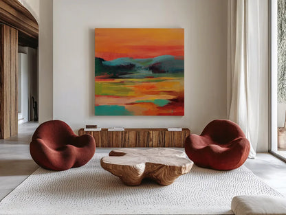 Flower Hill Sunset I by Silvia Vassileva. Shown as extra-large giant wall art in a modern living room. Available as an archival giclee rolled canvas, fine art paper, or poster print. SKU 79882a.