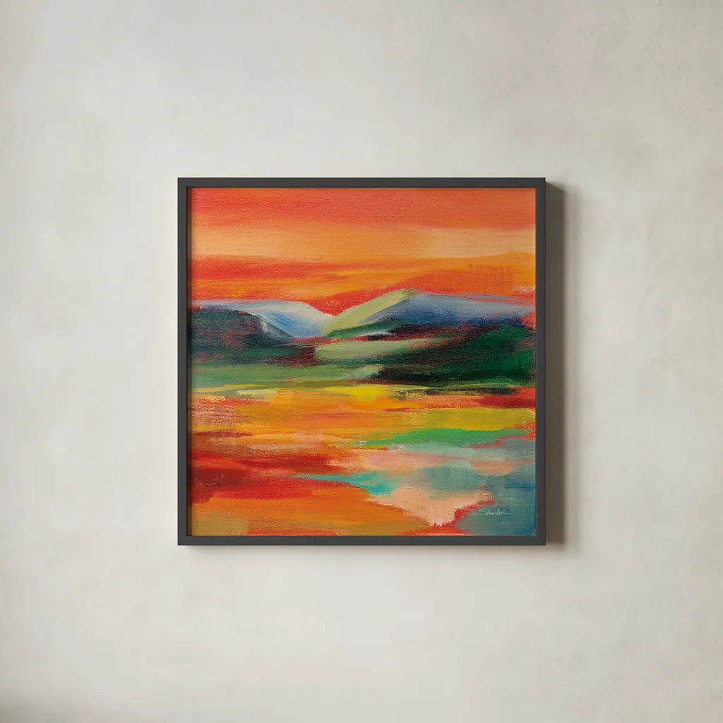Flower Hill Sunset II by Silvia Vassileva. Shown in a sleek black glass frame for a contemporary gallery look. Available as an archival giclee rolled canvas, fine art paper, or poster print. SKU 79883a.