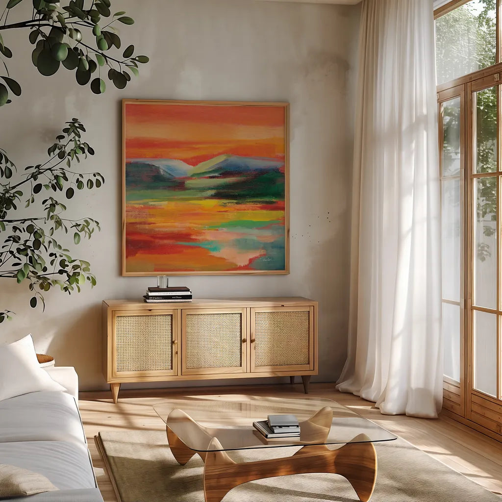 Flower Hill Sunset II by Silvia Vassileva. Shown in a natural wood frame in a cozy modern living room. Available as an archival giclee rolled canvas, fine art paper, or poster print. SKU 79883a.
