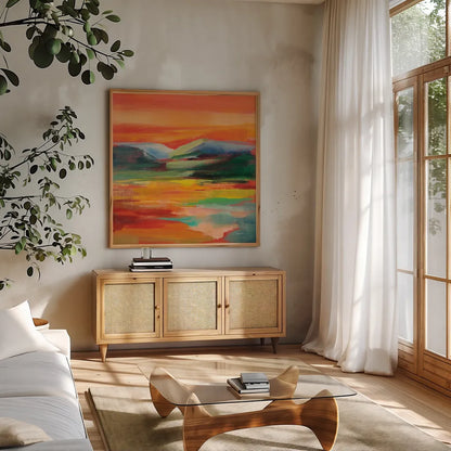 Flower Hill Sunset II by Silvia Vassileva. Shown in a natural wood frame in a cozy modern living room. Available as an archival giclee rolled canvas, fine art paper, or poster print. SKU 79883a.