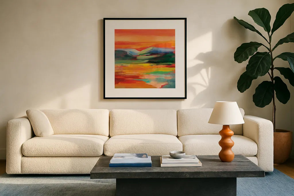 Flower Hill Sunset II by Silvia Vassileva. Displayed in a glass frame with matte in a clean modern living room. Available as an archival giclee rolled canvas, fine art paper, or poster print. SKU 79883a.
