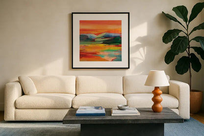 Flower Hill Sunset II by Silvia Vassileva. Displayed in a glass frame with matte in a clean modern living room. Available as an archival giclee rolled canvas, fine art paper, or poster print. SKU 79883a.