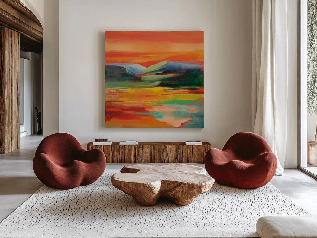 Flower Hill Sunset II by Silvia Vassileva. Shown as extra-large giant wall art in a modern living room. Available as an archival giclee rolled canvas, fine art paper, or poster print. SKU 79883a.