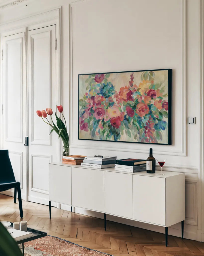 Flower Market by Silvia Vassileva. shown as a framed stretched canvas in a living room above a console. Available as a archival giclee rolled canvas, fine art paper, or poster print. SKU 55089i.