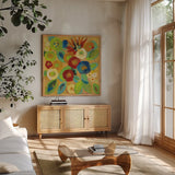 Flower Market II by Silvia Vassileva. Shown in a natural wood frame in a cozy modern living room. Available as an archival giclee rolled canvas, fine art paper, or poster print. SKU 27128a.
