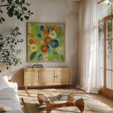 Flower Market II Cool by Silvia Vassileva. Shown in a natural wood frame in a cozy modern living room. Available as an archival giclee rolled canvas, fine art paper, or poster print. SKU 27641a.