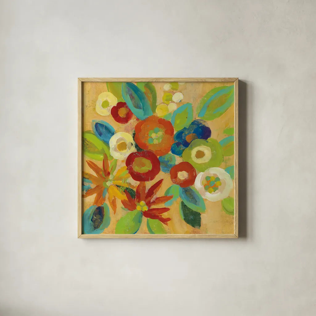Flower Market III by Silvia Vassileva. Shown in a natural wood glass frame for a timeless modern aesthetic. Available as an archival giclee rolled canvas, fine art paper, or poster print. SKU 27129a.